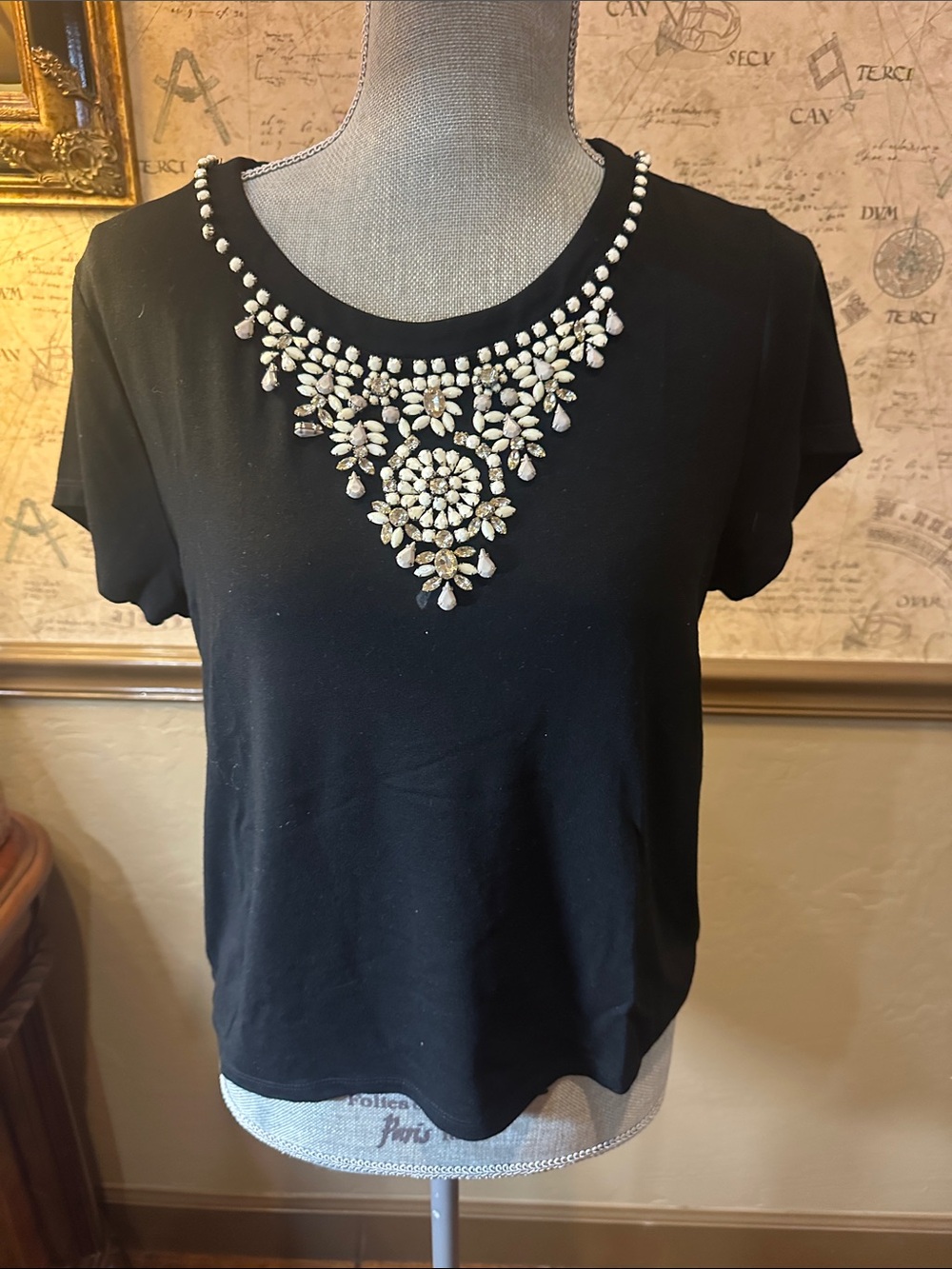 Cupio Black Short Sleeve Tee with jeweled floral bib